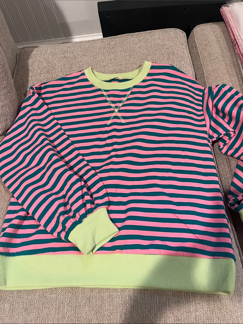 Striped Crewneck Sweatshirt - Pink & Teal with Lime Trim
